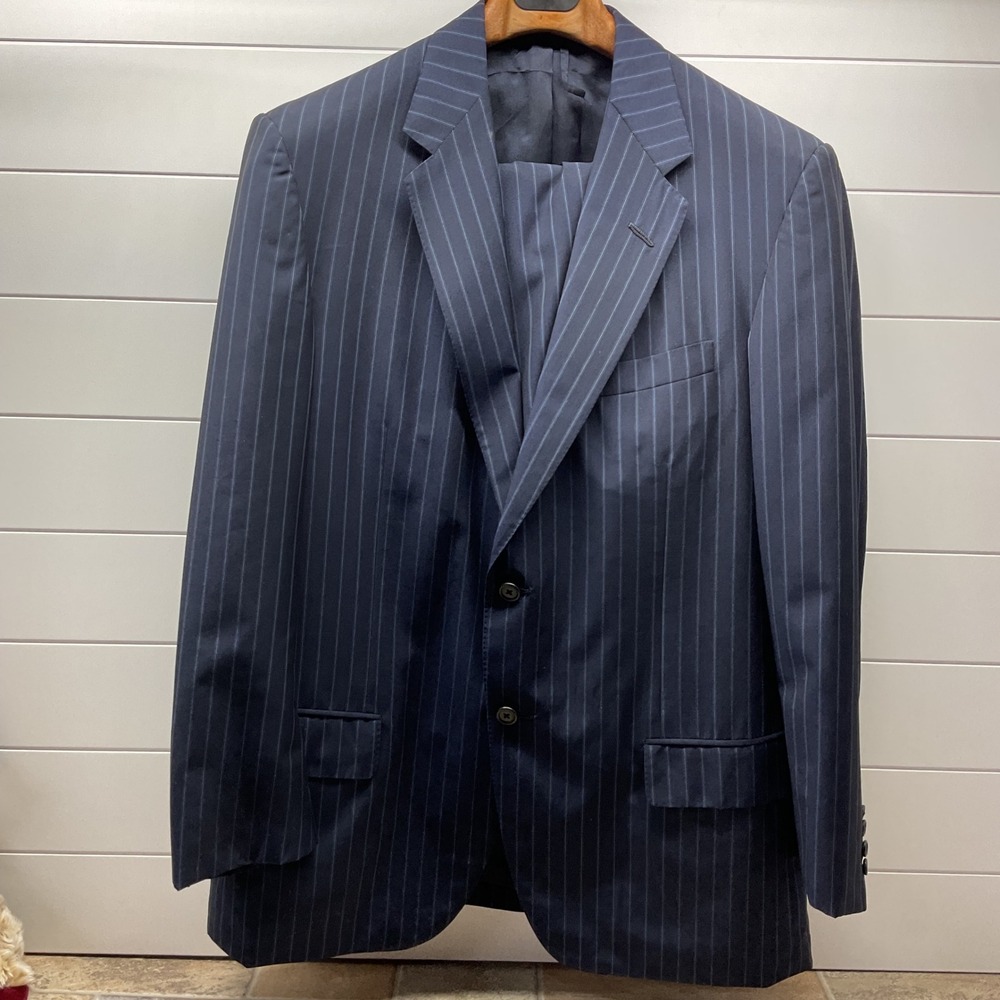 Oxxford Clothes Larrimors Navy Pinstripe Suit 2 Button Double Vent Wool Blazer
